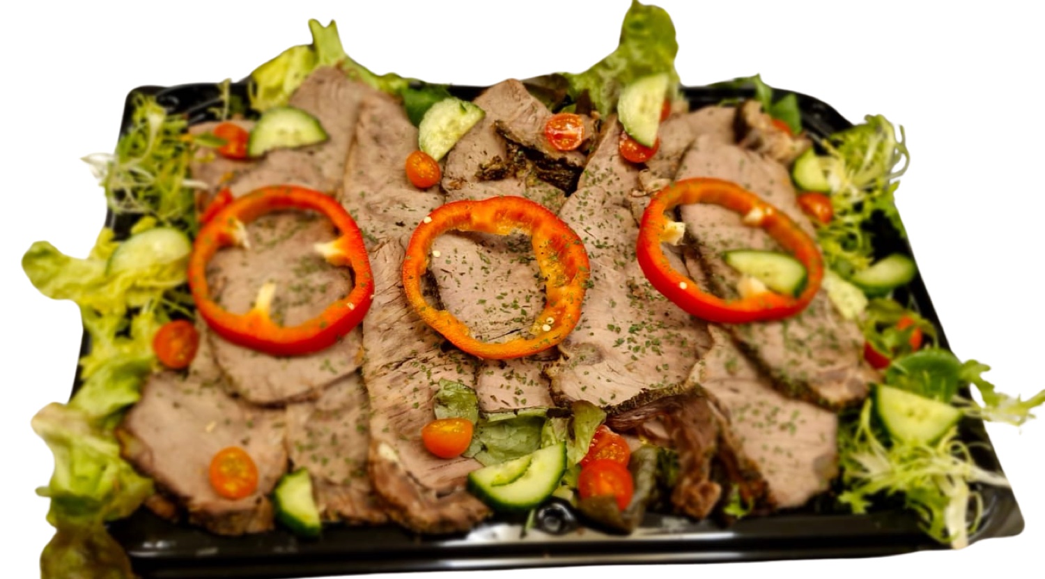 Sliced beef striploin catering platter