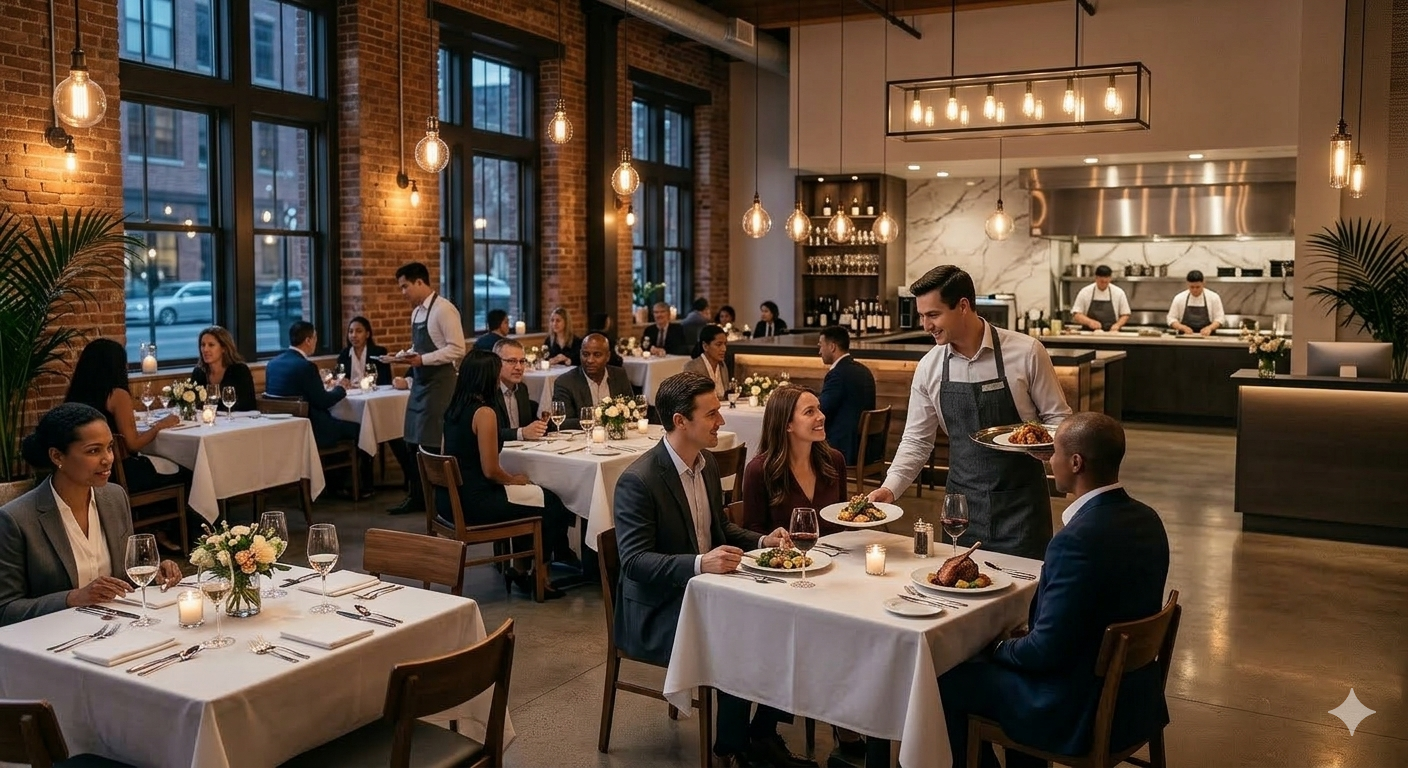 Restaurant dining room with reserved tables and warm ambiance
